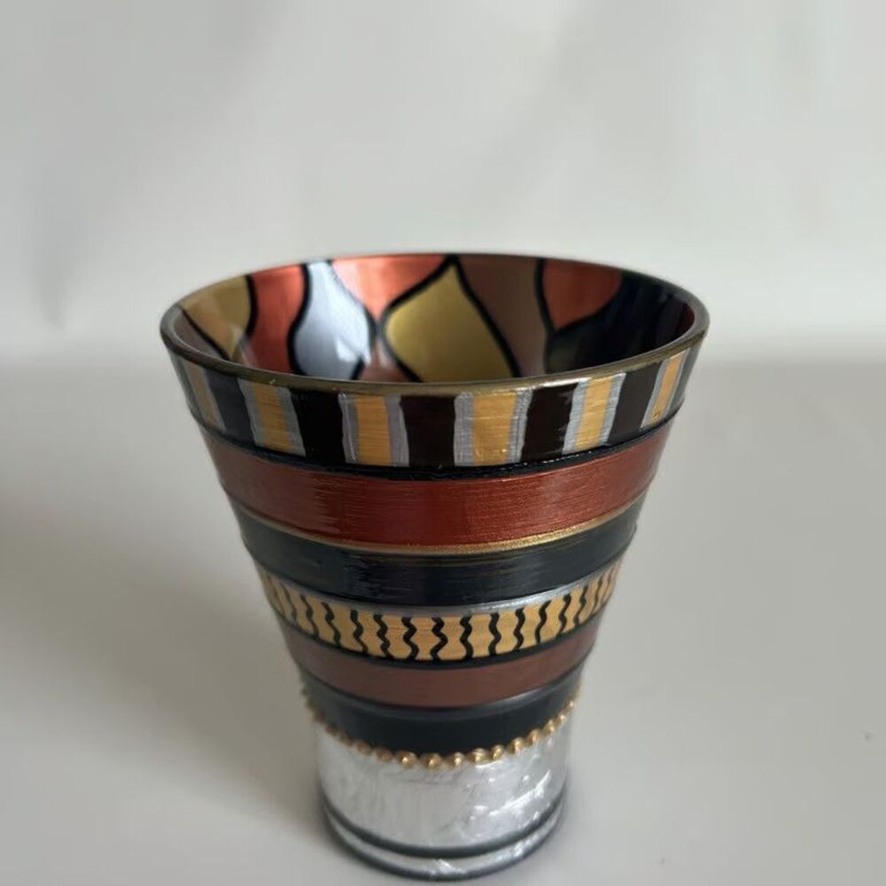 Hand Painted Art Glass Votive Holder Vase AR Signed Metallic Copper Gold Tribal